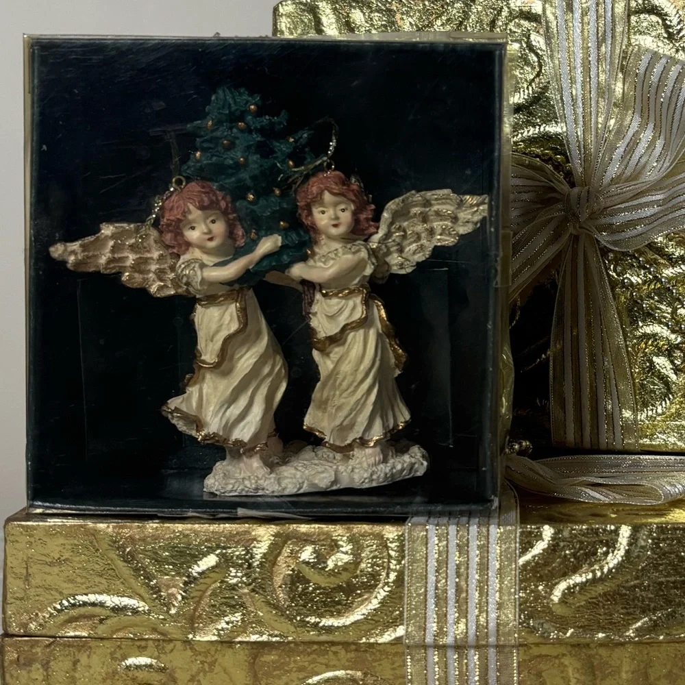 Vintage Victorian Tree Ornament Christmas Angels Hand Painted Luxury Gold Cream